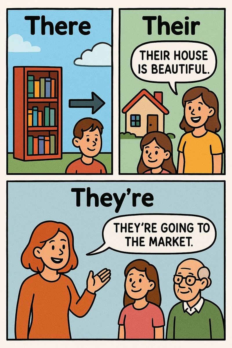 Jyothi_esl's tweet image. Grammar Tip:
There = a place (The book&apos;s over there)
Their = possession (Their dog is cute)
They’re = they are (They’re coming soon)

Quick trick:
Can you say they are? Use they’re.
Ownership? Use their.
Location? Use there.
#GrammarTips #WritingSkills