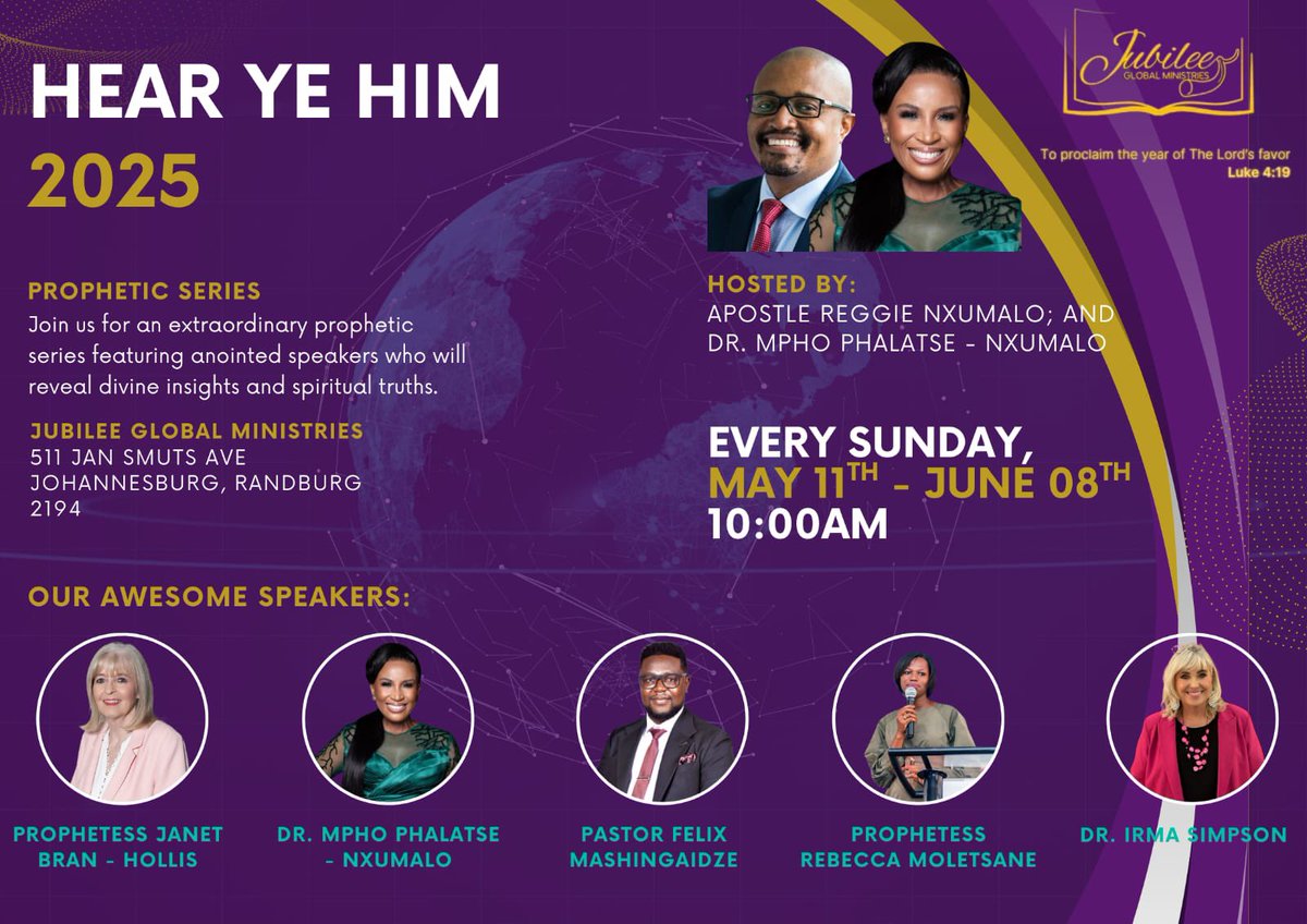 Mpho Phalatse (@mphophalatse1) on Twitter photo Hear Ye Him - Our prophetic series officially starts tomorrow with leading prophetic voice <a href="/janetbranhollis/">Janet Brann Hollis</a>. Her voice in my life has provided strategic direction when I needed it most. She will speak on governance in the nation, and governance in the church. Join us if you Hear Ye Him - Our prophetic series officially starts tomorrow with leading prophetic voice <a href="/janetbranhollis/">Janet Brann Hollis</a>. Her voice in my life has provided strategic direction when I needed it most. She will speak on governance in the nation, and governance in the church. Join us if you