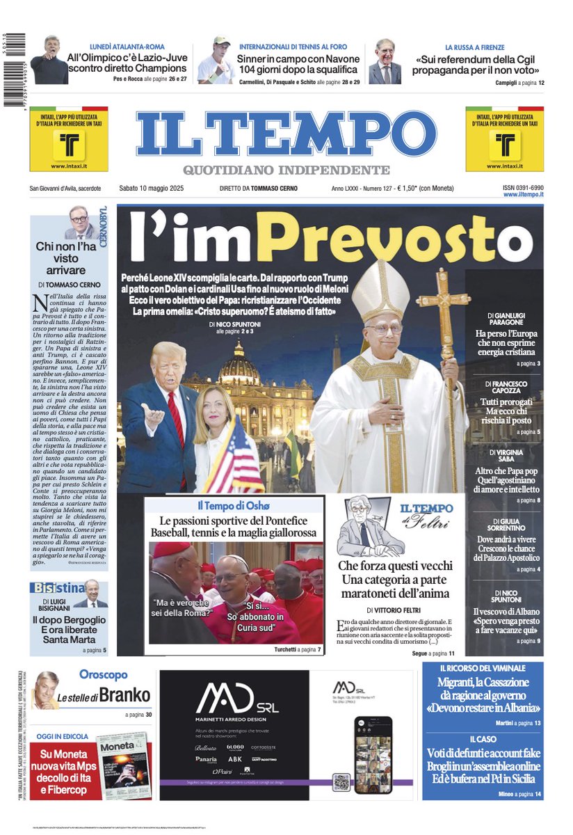📌 L'imPREVOSTo. Perché #LeoneXIV scompiglia le carte 📌 Le passioni sportive del #Papa: #baseball, #tennis e la maglia giallorossa 📌 #Feltri: che forza questi vecchi ⬇ Ecco la nostra prima pagina 🗞 #buongiorno #10maggio #iltempoquotidiano