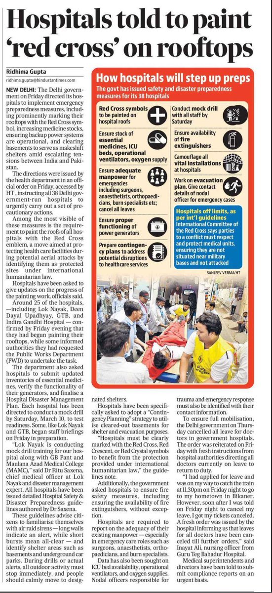 Somya Lakhani (@somyalakhani) on Twitter photo #Delhi govt has directed hospitals to implement emergency preparedness measures:
*marking their rooftops withe the Red Cross symbol
*ensure stock of meds, ICU beds
*ensure adequate manpower
By <a href="/ridhimagupta27/">Ridhima Gupta</a> in <a href="/htTweets/">Hindustan Times</a> today #Delhi govt has directed hospitals to implement emergency preparedness measures:
*marking their rooftops withe the Red Cross symbol
*ensure stock of meds, ICU beds
*ensure adequate manpower
By <a href="/ridhimagupta27/">Ridhima Gupta</a> in <a href="/htTweets/">Hindustan Times</a> today