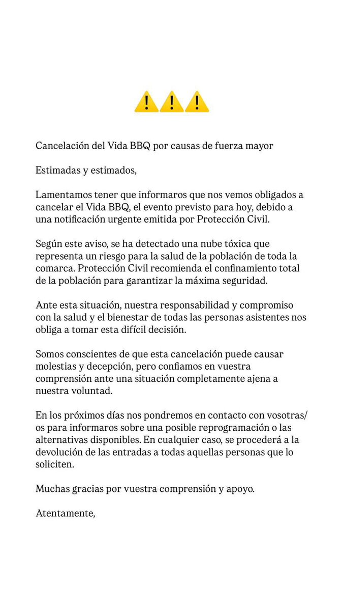 Cancel·lació del Vida BBQ per causes de força major 👇