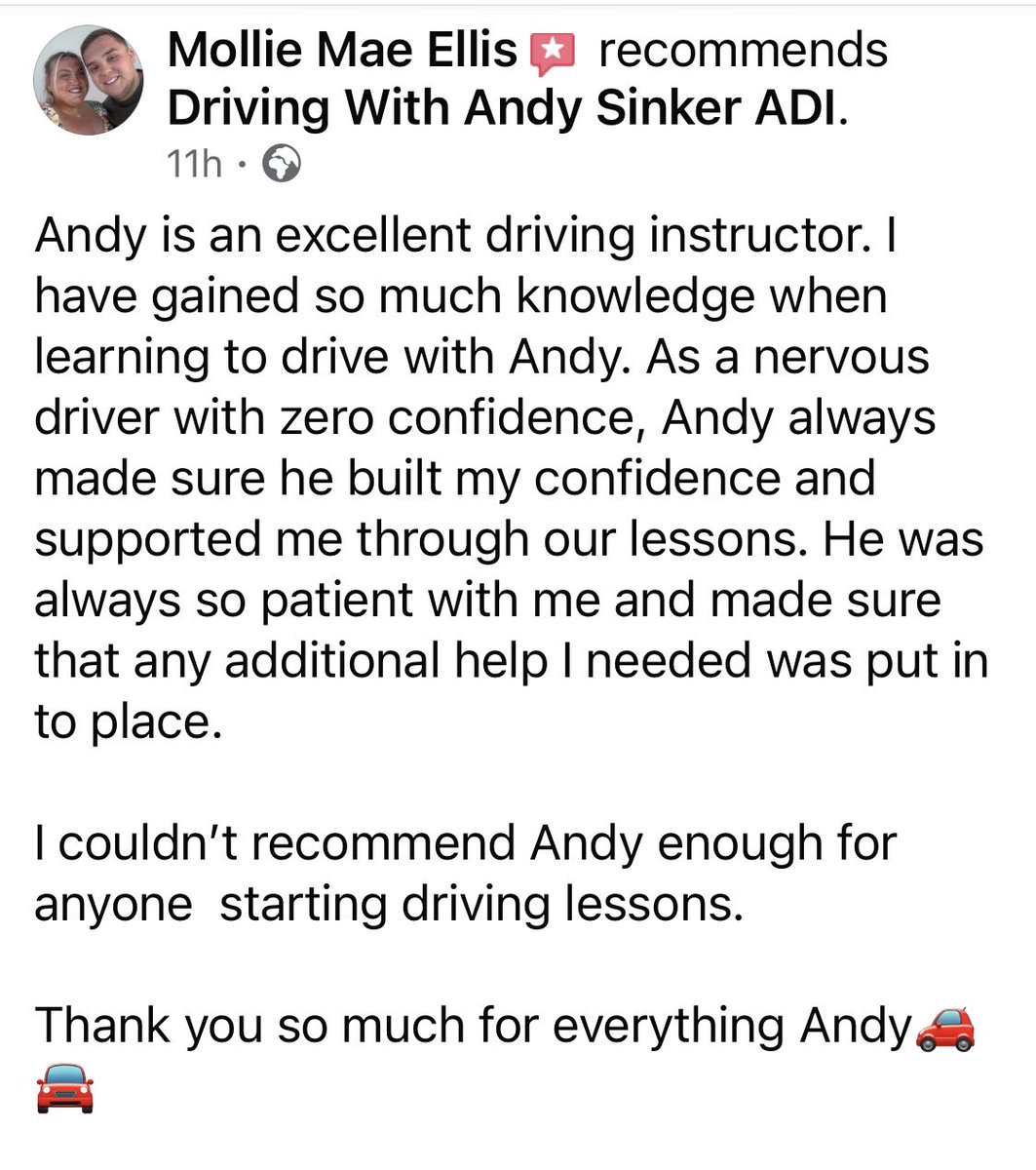 AndrewSinker's tweet image. Thank you so much Mollie for the amazing recommendation, I really appreciate it. 
Congrats again on passing your driving test on you first attempt it is a fantastic achievement. 
Stay safe and stay in touch. 👏🚘