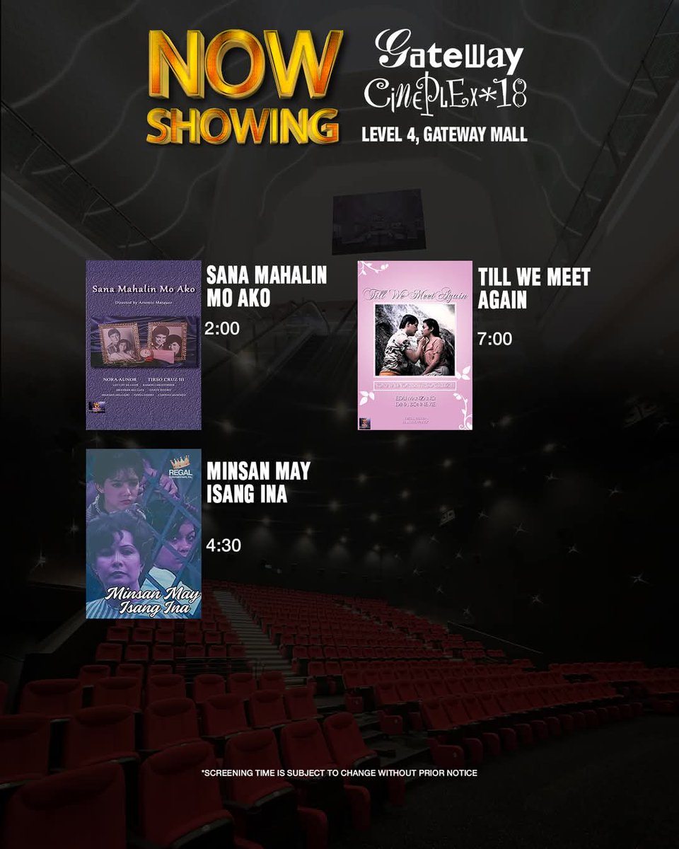 gateway is still showing 3 nora aunor movies in their cinemas🥳

sana mahalin mo ako (1988)
minsan may isang ina (1983)
till we meet again (1985)

P160, likely until may 13!! tara naaaa