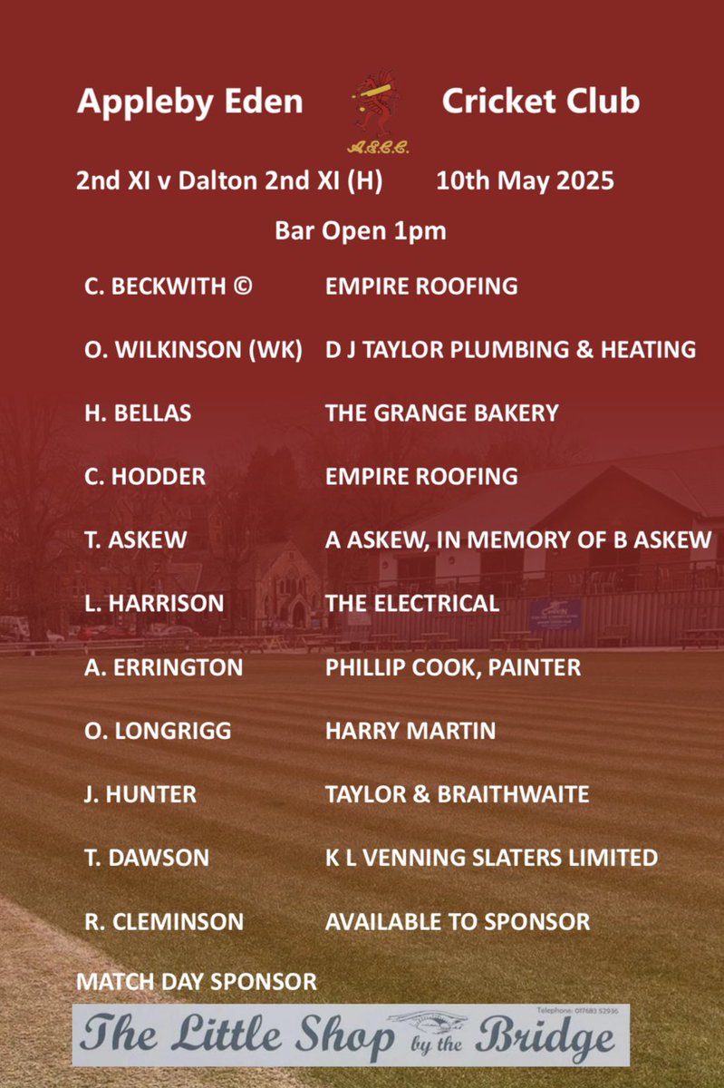 This weekend…
Saturday:
1st XI v Holme (A) 1pm
2nd XI v Dalton 2s (H) 1pm - Bar open and available to stream youtube.com/live/BLPE-zZfs…
Sunday:
3rd XI v Netherfield 4s (A) 1pm
#AECC