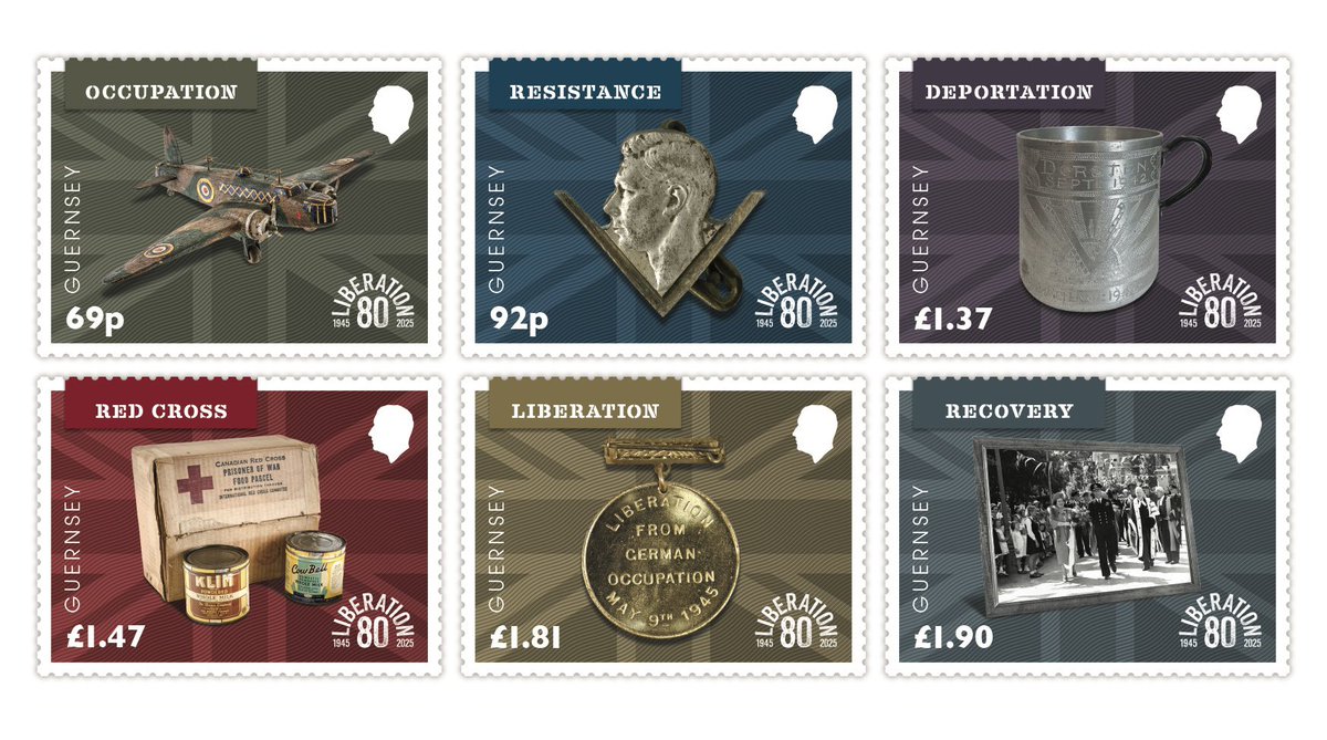 [Seconde Guerre mondiale] 💬 « Lé Jour de la Libératiaon » 🇬🇬 Belle émission philatélique de #Guernesey 🇬🇬 commémorant la libération de l’île anglaise le 9 mai 1945 #LiberationDay
Chacun des timbres évoque symboliquement la période d’occupation de 1940 à 1945 #Liberation #WWII