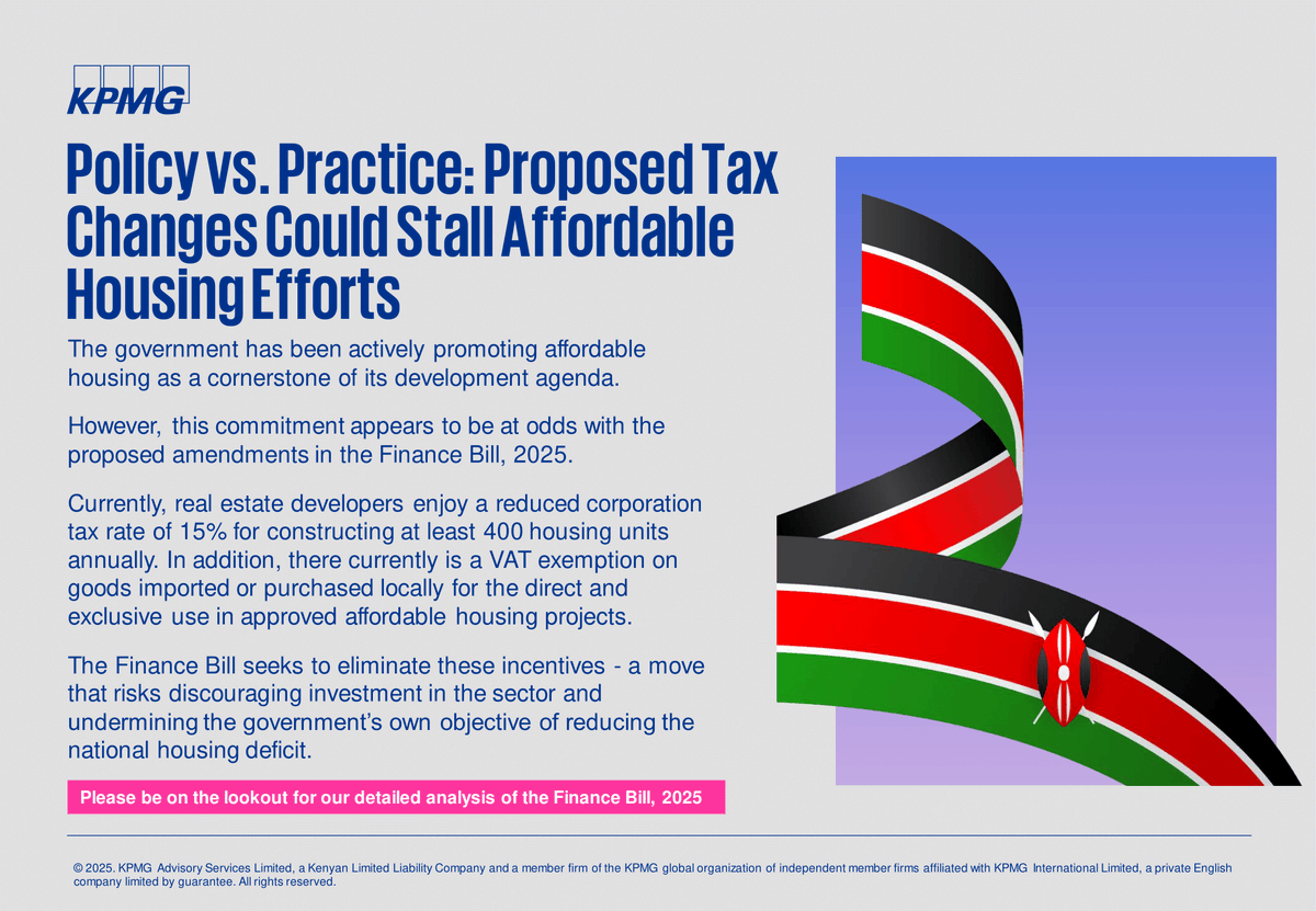 KPMGEastAfrica's tweet photo. Removal of income tax and VAT incentives goes against the government’s affordable housing initiative. https://t.co/t1M2TiRrm9