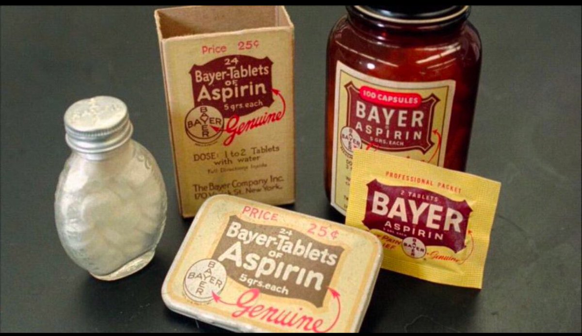 #أسبرين 
تم اختراعه عام 1897 من فلكس هوفمان في #المانيا 
بعد الحرب العالمية الأولى تم ارغام شركة #باير المصنعة للأسبرين للتخلي عن حقوق الاسم في #أمريكا  #فرنسا #بريطانيا 
1994 اشترت باير شركة ستيرلنغ دروغ المصنعة للأسبرين في امريكا بمليار دولار  
وعاد اسبرين امريكا الماني الصنع .