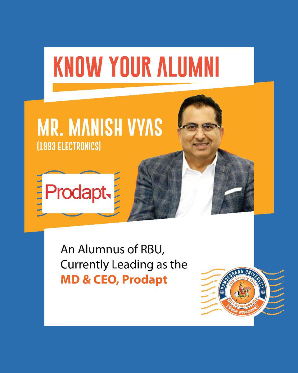 Meet Mr. Manish Vyas, an inspiring alumnus of RBU (1993 Electronics), now serving as the MD &amp; CEO of Prodapt. His journey from campus to corporate leadership is a testament to vision, hard work, and excellence. Proud moment for RBU!