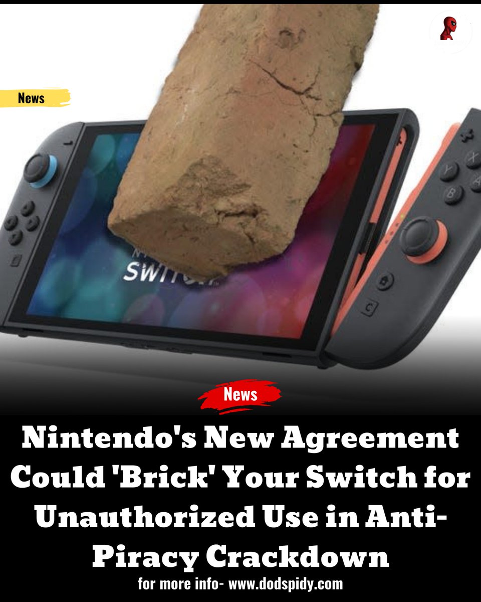 DodSpidy's tweet image. Nintendo's new user agreement allows the company to disable ("brick") Switch consoles remotely if they're found to be used with unauthorized software or hardware. 

#NintendoSwitch #AntiPiracy #NintendoUpdate #ConsoleBricking #GamingNews #SwitchHack #DigitalRights
