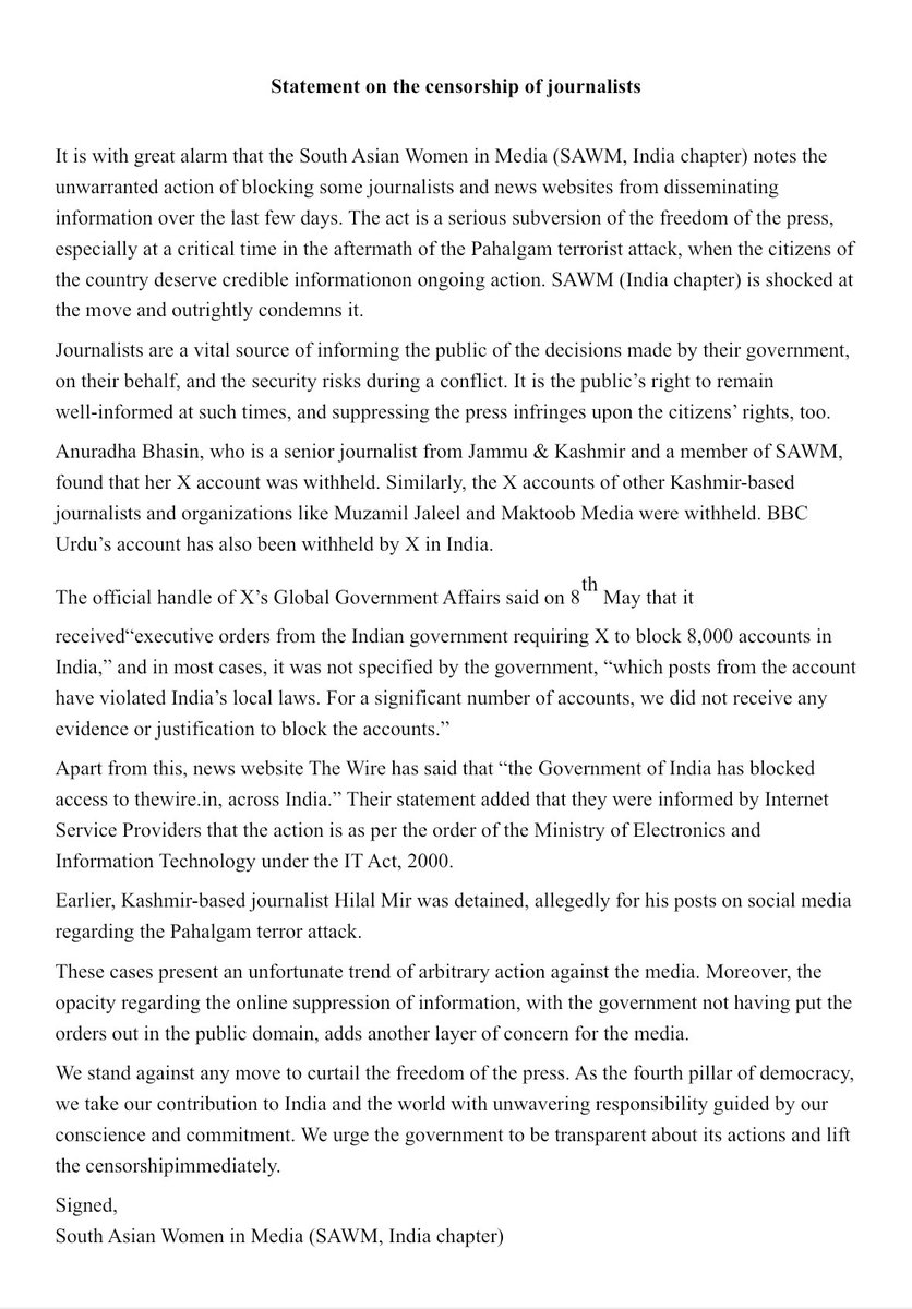 SAWM India condemns the censorship of journalists.