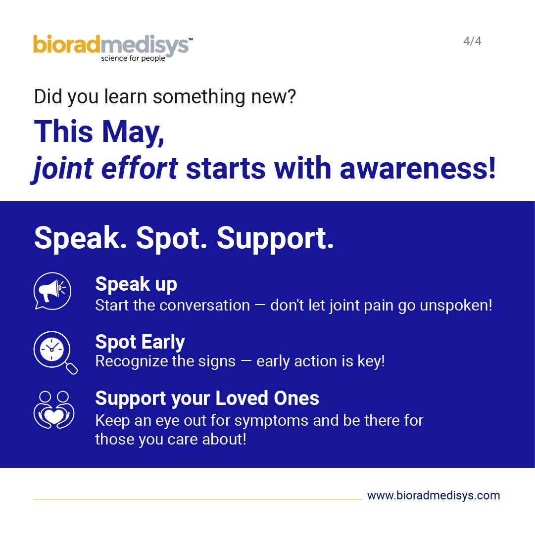 Your joints talk—if only we listened sooner.
#Arthritis shows up in many ways: swelling, stiffness, fatigue, or silent flare-ups.

This May, pay attention to the nagging, the numbness, the noise.

Arthritis doesn’t always shout—sometimes, it just whispers.

#BioradMedisys
