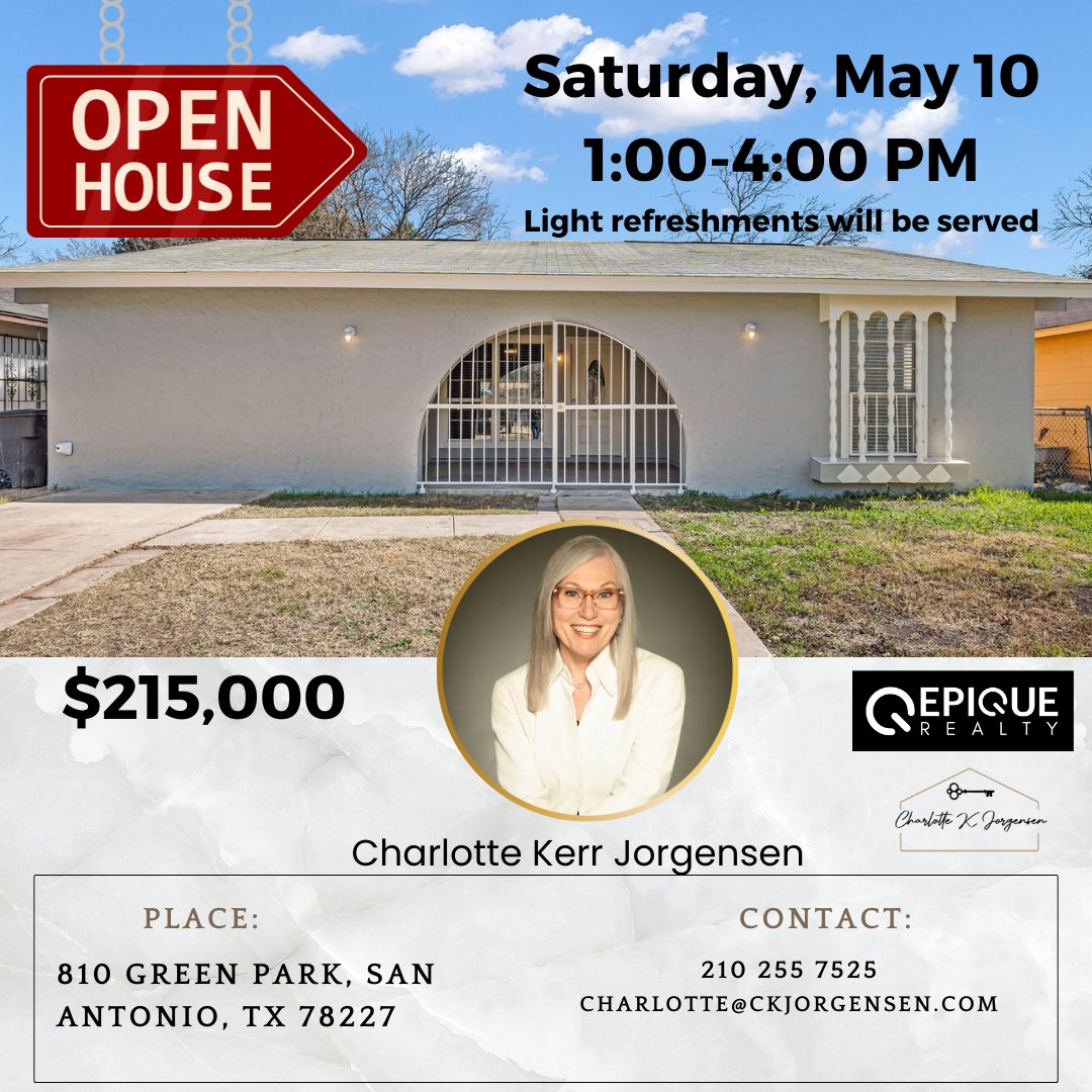 CharlotteKJ (@charlottekj) on Twitter photo 🏡 OPEN HOUSE ALERT! 🏡
Saturday, May 10 | 1:00 PM – 4:00 PM
📍 810 Green Park, San Antonio, TX 78227
✨ 5 Bedrooms | 2 Bathrooms | 1,706 Sq Ft
💲 Offered at $215,000
🔑 Hosted by: Charlotte Kerr Jorgensen | Epique Realty
📞 (210) 255-7525
📧 charlotte@ckjorgensen.com 🏡 OPEN HOUSE ALERT! 🏡
Saturday, May 10 | 1:00 PM – 4:00 PM
📍 810 Green Park, San Antonio, TX 78227
✨ 5 Bedrooms | 2 Bathrooms | 1,706 Sq Ft
💲 Offered at $215,000
🔑 Hosted by: Charlotte Kerr Jorgensen | Epique Realty
📞 (210) 255-7525
📧 charlotte@ckjorgensen.com