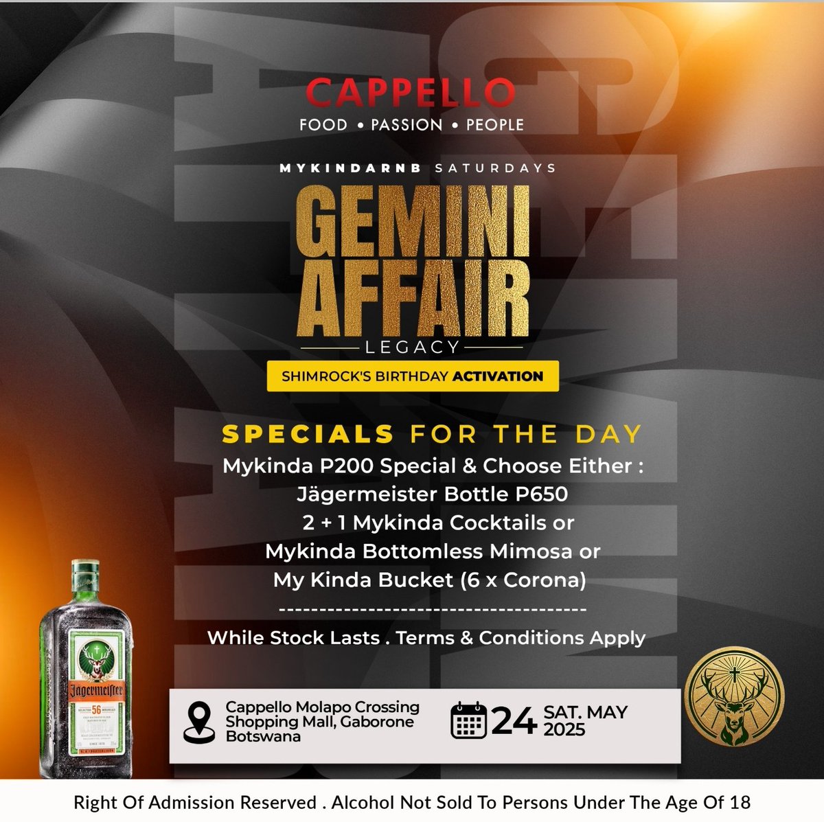 <a href="/MyKindaRnB/">My Kinda RnB</a> presents Gemini Affair Legacy feat <a href="/therealdjmilo/">DJ Milo</a>
Saturday 24th May 2025
@CappelloMolapo
Molapo Crossing Mall
Celebrating <a href="/ShimrockBW/">ShimrockBW™</a> Birthday..
Mc <a href="/BrandoKeabilwe/">Brando King</a>
Alongside @fmedjs
&amp; Cappello Crew