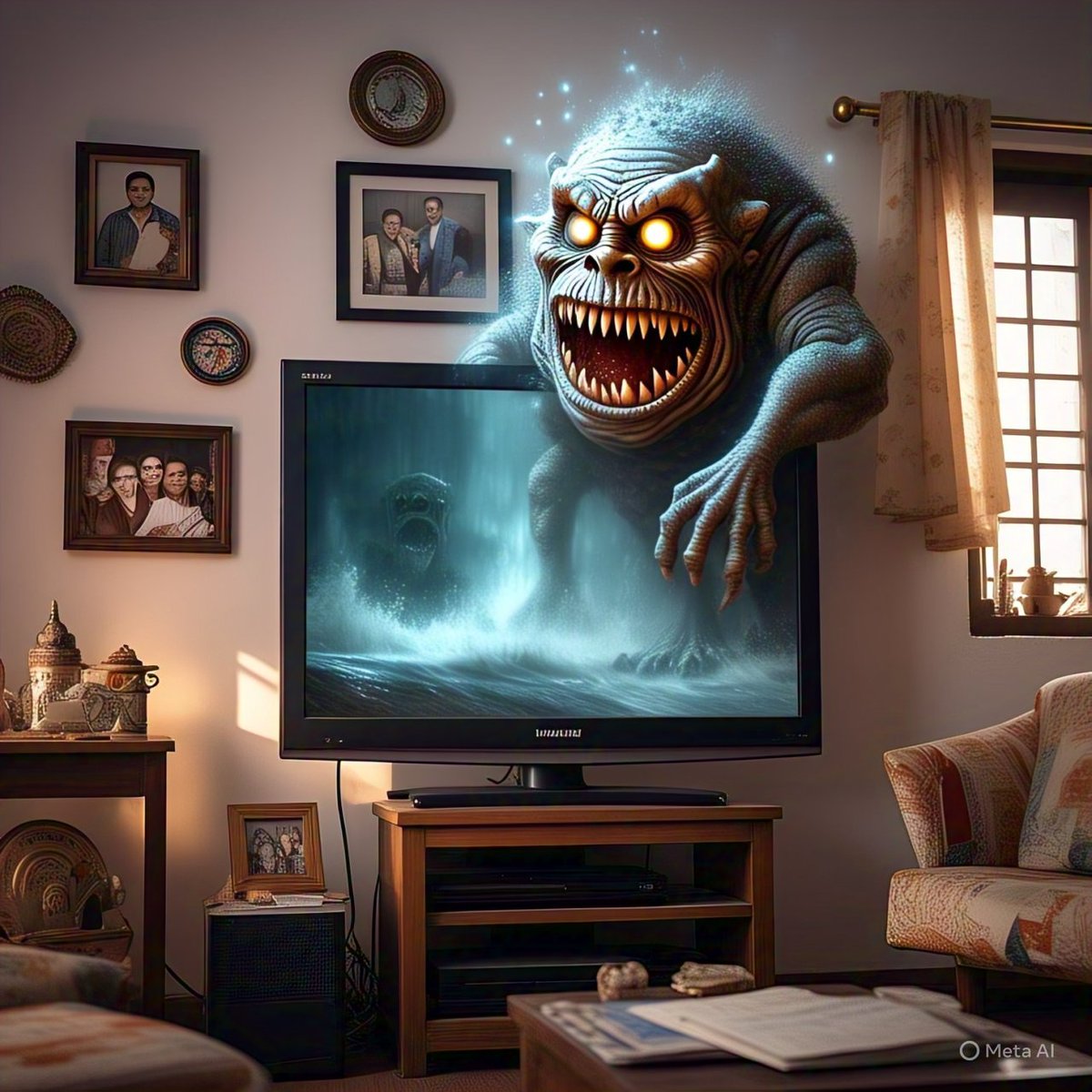 When truth takes a backseat: Fake news monster emerges from the TV screen, consuming reality. #FakeNews #Media"