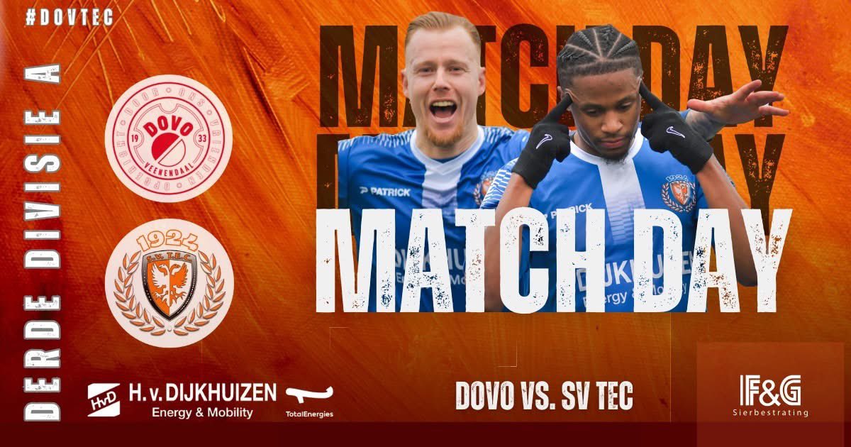 🔥#Matchday 🔥
⚽ <a href="/vvDOVO/">Voetbalvereniging DOVO</a> 🆚 TEC
🏆 #DerdeDivisieA
🗓️ Vandaag
🕝 14:30 uur
🏟️ Sportpark Panhuis Veenendaal 
🎟️ aan de kassa
📱  #dovtec 🟠⚪
🐦 x.com/sv_tec
📸 @Bonnet08H Helly photography