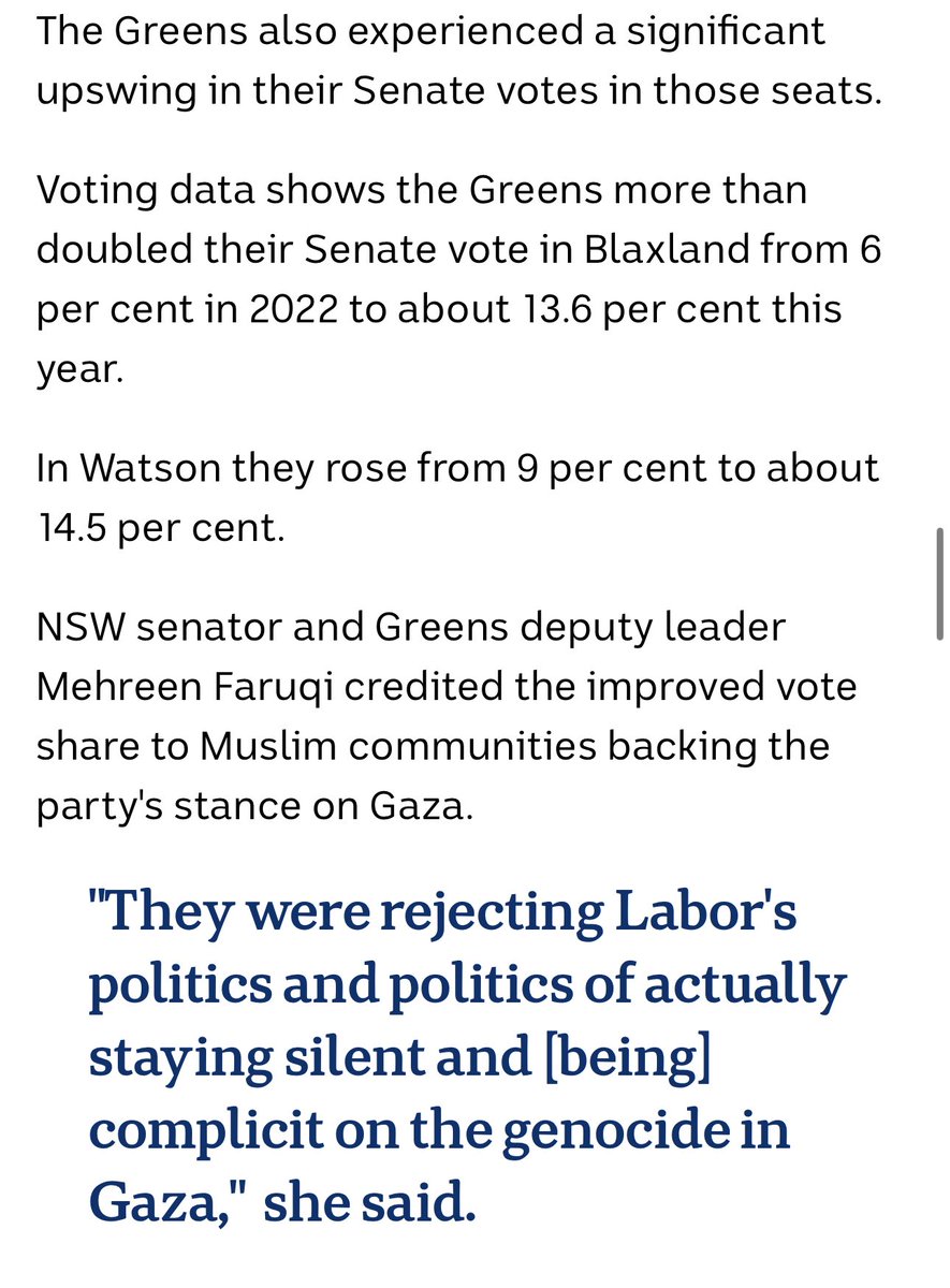“Voting data shows the Greens more than doubled their Senate vote in Blaxland from 6 per cent in 2022 to about 13.6 per cent this year.” Every little bit counts. Happy to have played my part in this result, and to have done everything I could to resist Aus complicity in genocide.