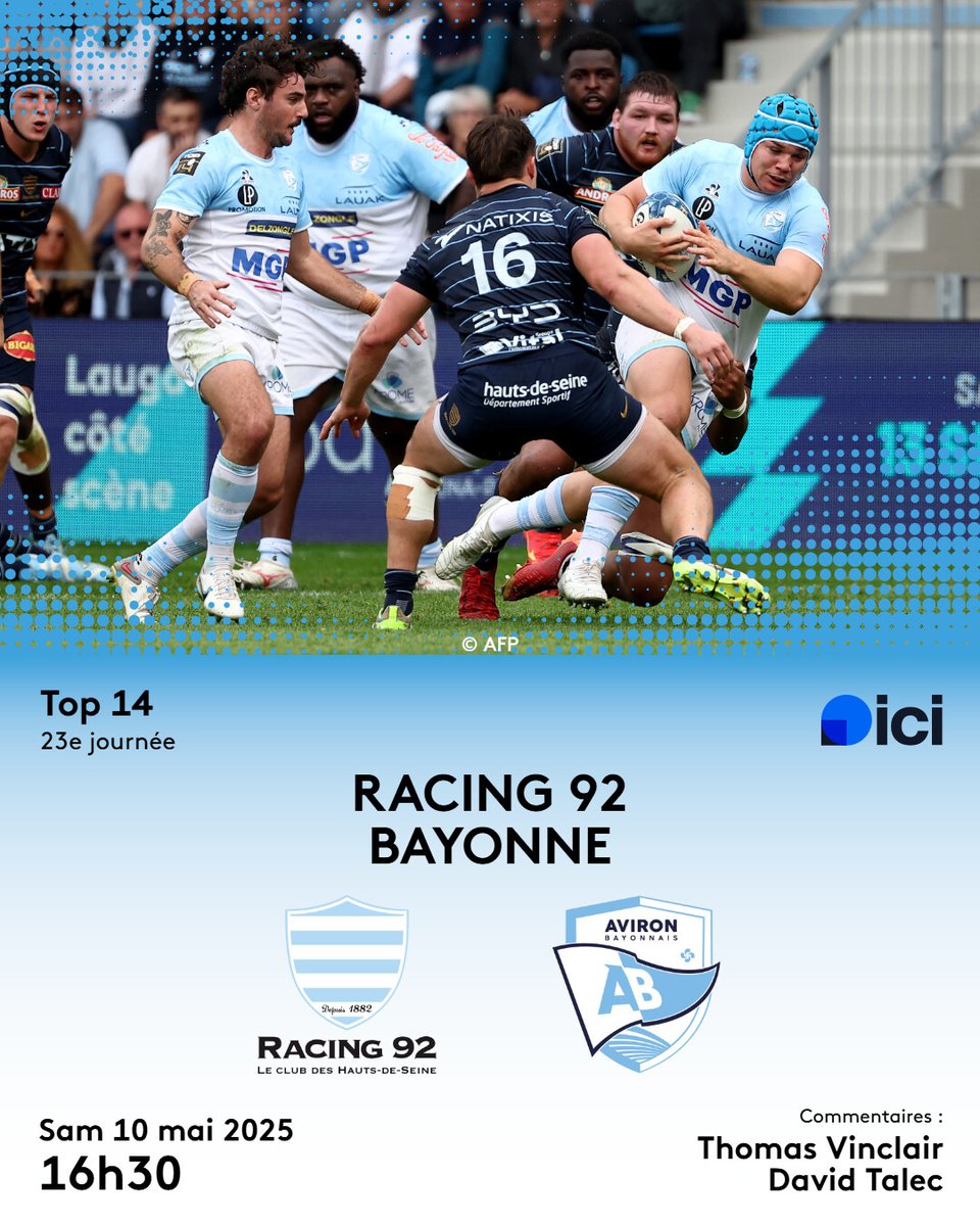 🏉 𝙅𝙊𝙐𝙍 𝘿𝙀 𝙈𝘼𝙏𝘾𝙃 𝙨𝙪𝙧 𝙞𝙘𝙞 𝙋𝙖𝙮𝙨 𝘽𝙖𝙨𝙦𝙪𝙚💥

Racing 92 🆚 𝘼𝙫𝙞𝙧𝙤𝙣 𝘽𝙖𝙮𝙤𝙣𝙣𝙖𝙞𝙨
🏆 Top 14
🗓️ 23ᵉ journée
🕟 16h30
📍 stade Defense Arena

#R92AB #Top14 #TeamAB #Aviron

🎙️ <a href="/VinclairT/">Thomas Vinclair</a>  <a href="/MrLec/">Mr D. Lec</a> <a href="/icipaysbasque/">ici Pays Basque</a>