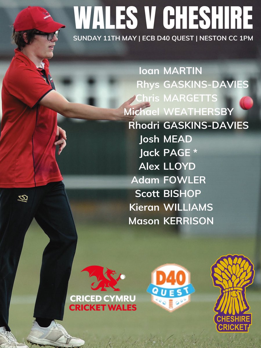 After starting the Season with a W at home to Yorkshire, we travel up to Cheshire for Game 2 of the Season 🤩

We are forced to make one change from the side that won last time out 🔄

OUT ⬅️ Daniel Quick 🤕
IN     ➡️ Mason Kerrison ✅

Pob Lwc, make it 2️⃣ from 2️⃣❗️💪🏻

🏏🏴󠁧󠁢󠁷󠁬󠁳󠁿🐉🔴🔵
