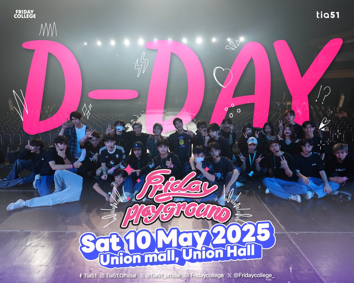 วันนี้!! แล้วนะ ตื่นเต้นกันไหม หลังเวทีตื่นเต้นกันสุดๆที่จะได้โชว์ให้ทุกคนได้ดูแล้วสนุกสุดเหวี่ยงกันไปเลย🎢

"FRIDAY PLAYGROUND 1st FAN MEET 2025" 

🎠 SAT, 10 MAY 2025
UNION HALL | UNION MALL

🎟️Tickets for all seats will be available online only at
theconcert.com