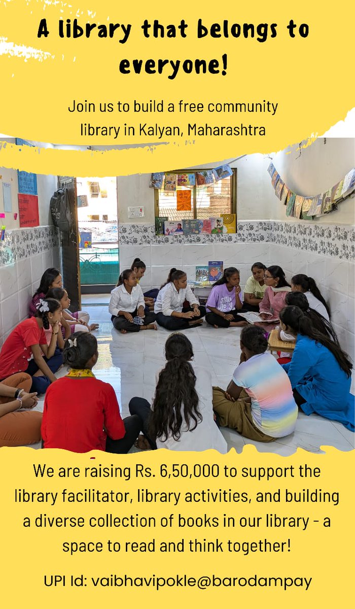 silverlightgal's tweet image. Help to build a free community library in Kalyan, Maharashtra! 📚 We're raising ₹6.5L to support a facilitator, activities & diverse books. Donate at vaibhavipokle@barodampay #LibraryForAll #CommunityLibrary
