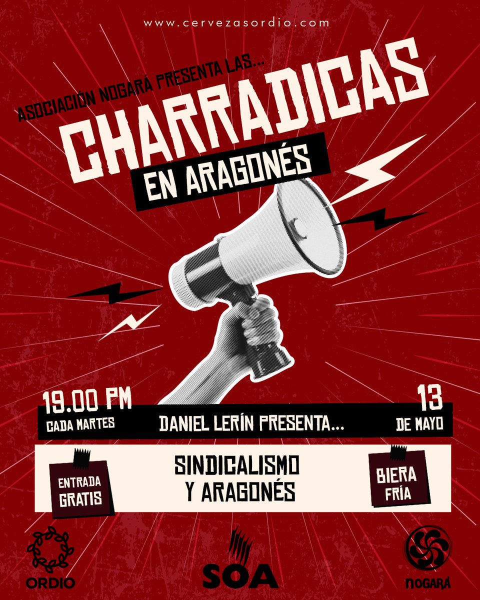 🗣️ Este martes tendremos en as #Charradicas de <a href="/cervezasordio/">ᴏʀᴅɪᴏ</a> a #DanielLerín charrando sobre sindicalismo en #aragonés
Tos asperamos!