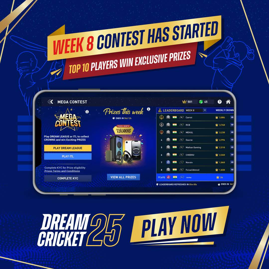 dreamcricketapp's tweet image. 🚨 WEEK 8 CONTEST HAS STARTED!

🎯 Top 10 players will WIN exclusive prizes worth ₹1.5 LAKHS 💥

🔥 The grind starts NOW.
💪 Rise to the top, show your skills, and claim your rewards!

🏏 #DreamCricket25 #MegaContest #Week8Battle #CricketChallenge #PlayToWin #CrownHunt