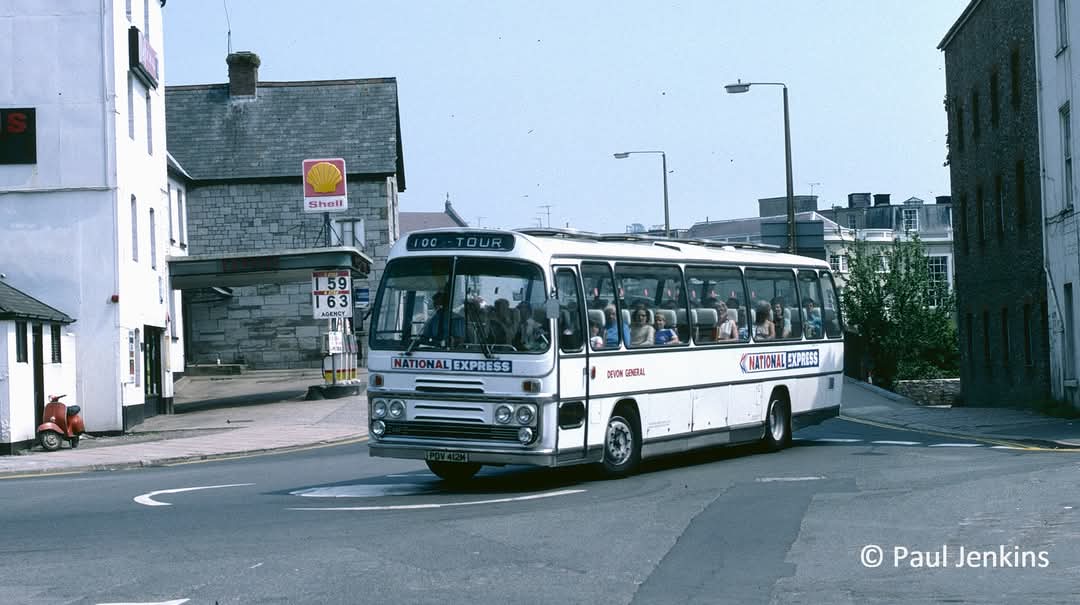 Plaxton-bodied Bristol RELH6L PDV 412M was reallocated from Minehead to Torquay in May 1980 and took up Devon General fleetnames; it's seen here at Totnes in June 1982. In 1983 it received a 'local coach' livery of white with a poppy red waistband.
Picture credit: Paul Jenkins