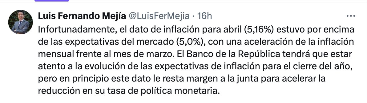 ⁉️No entiendo algo, a ver si ustedes me lo explican: 

En red más vi un reportaje titulado “Fedesarrollo prende las alarmas: inflación alta 'pone en jaque' la reducción de tasas del Banco de la República”, refiriendo a la cifra de inflación de abril 2025 de 5.16%, publicada por