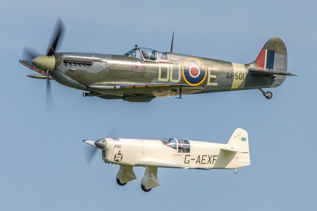 ShutterbugWGC's tweet image. Looking forward to tomorrow’s Shuttleworth Season Premier Airshow - here’s John Hurrell in the Supermarine Spitfire Mk. Vc AR501 alongside Frank Chapman in the Mew Gull from last years opener…@ShuttleworthTru #RJMitchell #Supermarine #Vickers #AR501 #ShuttleworthAirshows