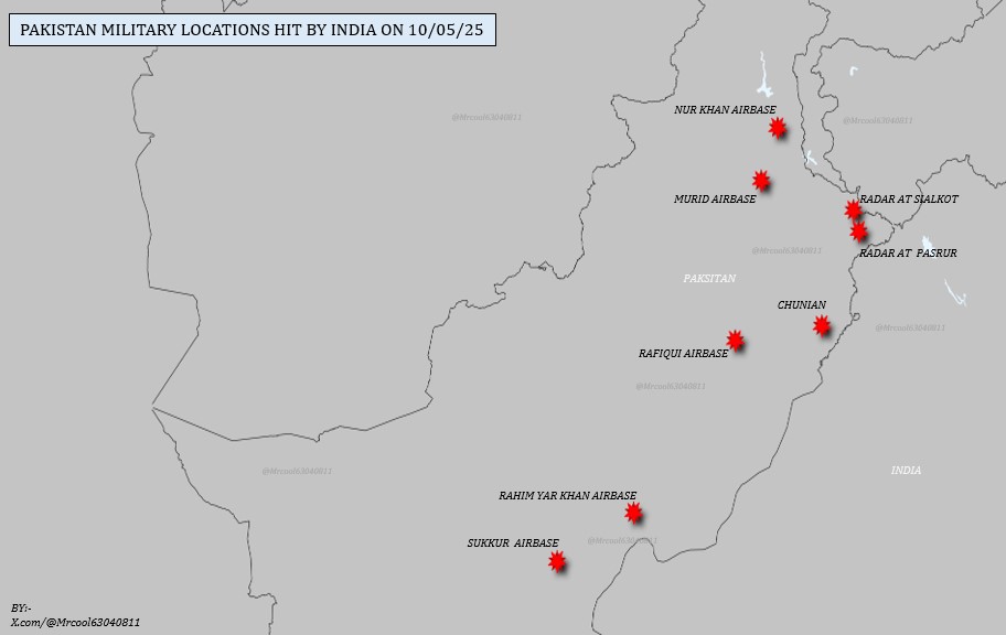 India has hit multiple Pakistan military locations on 10/05/25 as a response to the Pakistan military attack on India on 09/05 and 10/05/25.
The Pakistan military locations include Airbases, storage sites and radar sites.