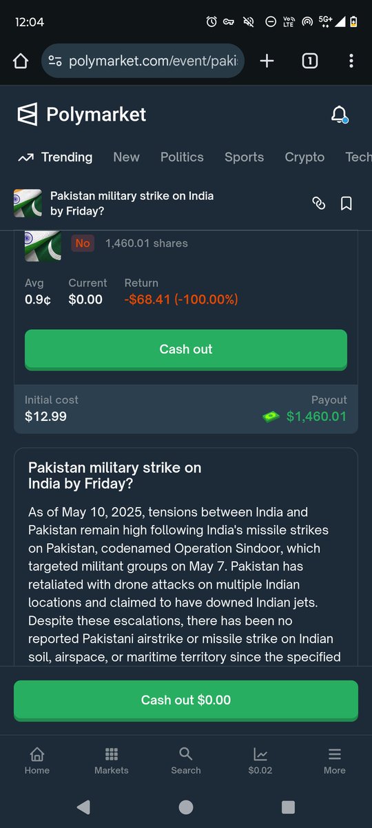 itxking569's tweet photo. @Polymarket even the ai summary is saying that there has been no attack on India of that kind so this whole resolve yes is unfair please guys let's spam as much as we can we need to bring this to spotlight asap . https://t.co/Ei6ro9ZeLD