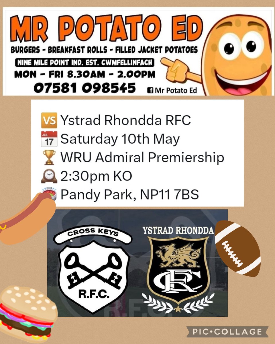 Mr Potato Ed will be at Pandy Park this afternoon for <a href="/crosskeysrfc/">Cross Keys RFC</a> last game of the season against <a href="/YstradRFC/">YSTRAD RHONDDA RFC</a> Ystrad Rhondda RFC  🏈🍔