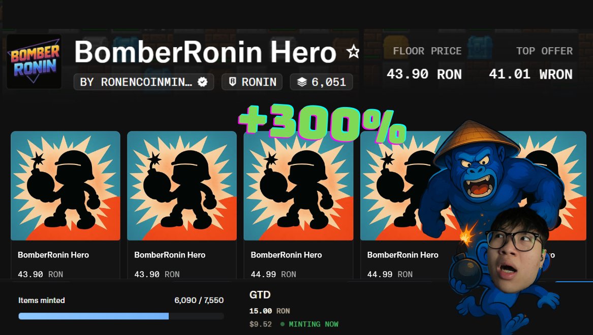 🚨 THÔI MÀ - x3 từ giá mint NFT <a href="/BomberRonin/">BomberRonin</a> 

15 $RON -> 45 $RON ✅

Có vẻ như NFT Game trên <a href="/Ronin_Network/">Ronin</a> vẫn là cái gì đó
Mình &amp; <a href="/NamLong_DAO/">Nam Long DAO 🇻🇳🐉</a> từng giveaway hơn 25 slots mint NFT, ảo vl

⏰ Lịch vạn niên <a href="/BomberRonin/">BomberRonin</a> 
TGE $BOMB: 13/05  - Time: TBA 
NFT Reveal: 14/05 —