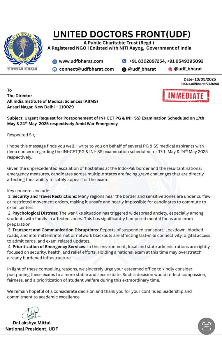 drlakshyamittal's tweet photo. 𝐔𝐧𝐢𝐭𝐞𝐝 𝐃𝐨𝐜𝐭𝐨𝐫𝐬 𝐅𝐫𝐨𝐧𝐭 (𝐔𝐃𝐅) @UDF_BHARAT has officially submitted its representation to @aiims_newdelhi and @MoHFW_INDIA requesting the postponement of the 𝐈𝐍𝐈-𝐂𝐄𝐓 & INI-SS 𝐞𝐱𝐚𝐦 𝐬𝐜𝐡𝐞𝐝𝐮𝐥𝐞𝐝 𝐨𝐧 𝟏𝟕𝐭𝐡 & 24th 𝐌𝐚𝐲 𝟐𝟎𝟐𝟓 respectively, 

citing the ongoing Indo-Pak emergency and its impact on student safety and preparedness.

#𝐏𝐨𝐬𝐭𝐩𝐨𝐧𝐞𝐈𝐍𝐈𝐂𝐄𝐓 #𝐔𝐃𝐅