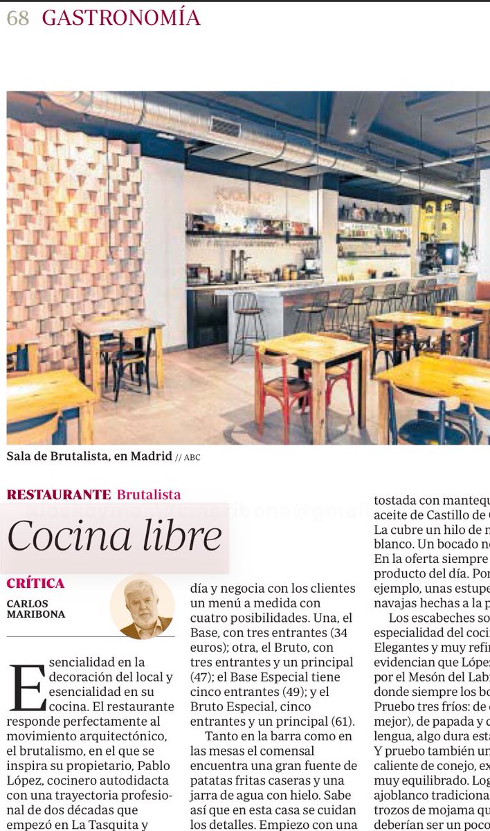 Sábado. Páginas de gastronomía en la edición impresa de <a href="/abc_es/">ABC.es</a>. Con mi crítica de <a href="/brutalistamad/">Brutalista</a>