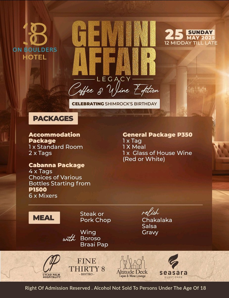 Sunday 25th May 2025
12 Midday till Late
@38OnBouldersHotel, Setlhoa, Block 10
Celebrating <a href="/ShimrockBW/">ShimrockBW™</a> Birthday with <a href="/therealdjmilo/">DJ Milo</a>
Hosted By <a href="/BrandoKeabilwe/">Brando King</a>
Alongside <a href="/kellzdj/">Dj Kellz (BW)</a> <a href="/DjLaTimmy/">Dj LaTimmy</a> <a href="/Fauzthe1/">FAUZ</a> <a href="/hapex_guru/">Hapex Guru</a> Romeo @djchengbw <a href="/BakitoDj/">Uncle Joe</a>
Right of Admission Reserved
T's &amp; C's Apply