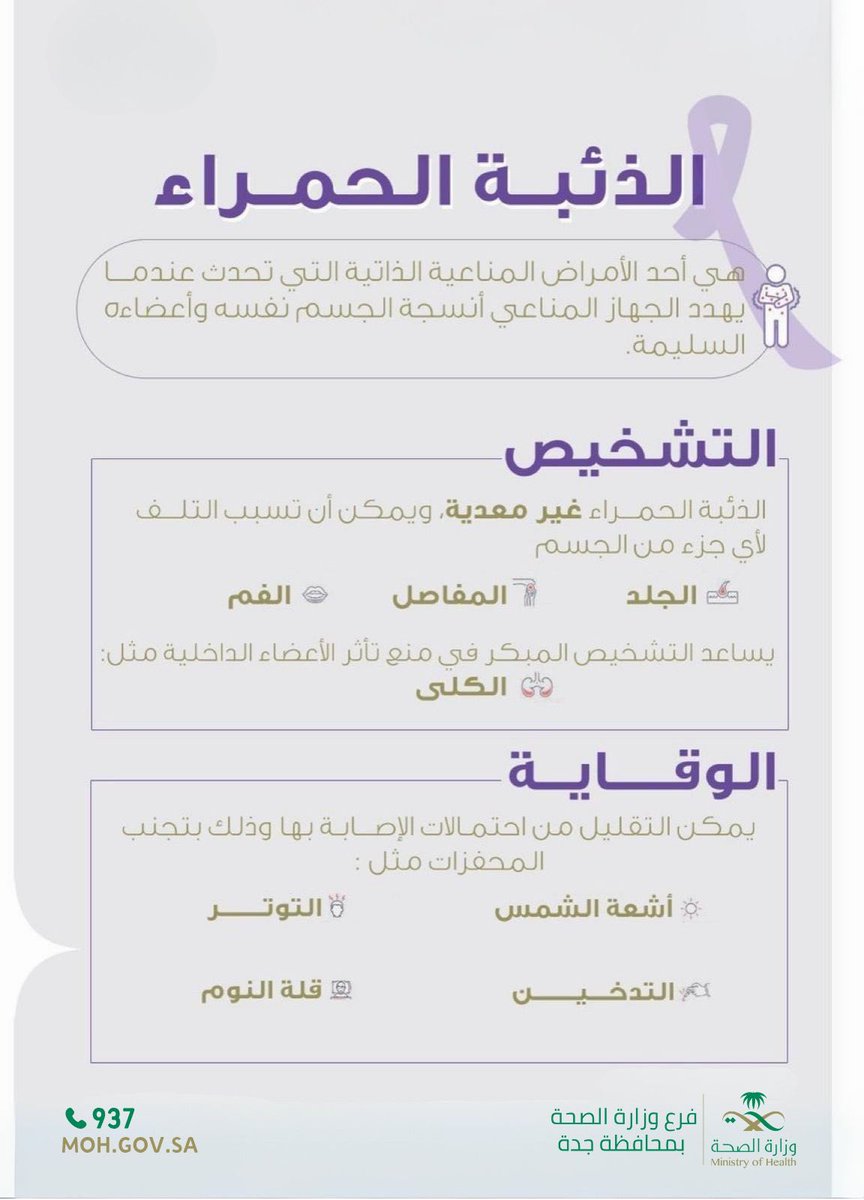 #الذئبة_الحمراء مرض مناعي يحدث عندما يهدد الجهاز المناعي أنسجة الجسم نفسه وأعضاءه السليمة.
#اليوم_العالمي_للذئبة_الحمراء