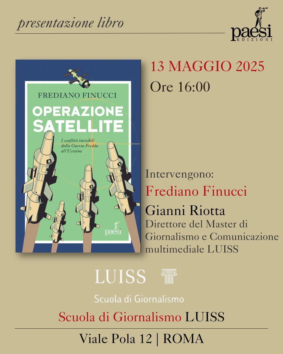 Frediano Finucci (@fredianofinucci) on Twitter photo Il prox martedì alla <a href="/giornaluiss/">Scuola di Giornalismo Luiss</a> parleremo di #satelliti #Musk e #giornalismo con Gianni Riotta <a href="/PaesiEdizoni/">Paesi Edizioni</a> Il prox martedì alla <a href="/giornaluiss/">Scuola di Giornalismo Luiss</a> parleremo di #satelliti #Musk e #giornalismo con Gianni Riotta <a href="/PaesiEdizoni/">Paesi Edizioni</a>