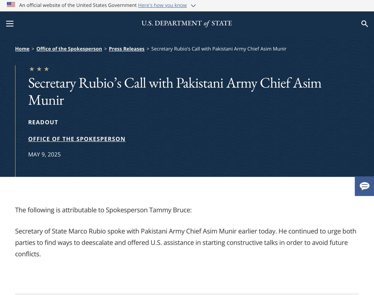 SA News Channel (@satlokchannel) on Twitter photo Secretary Rubio рдиреЗ Pakistani Army Chief┬а Asim Munir рд╕реЗ рдХреА рдмрд╛рдд, рд╕рд╡рд╛рд▓ рдЙрдареЗ рдХрд┐ рдкрд╛рдХрд┐рд╕реНрддрд╛рди рдХреЗ Prime Minister┬аShehbaz Sharif рд╕реЗ рдХреНрдпреЛрдВ рдирд╣реАрдВ рд╣реБрдИ рдмрд╛рддрдЪреАрдд?
9 May 2025 рдХреЛ US Secretary of State Marco Rubio рдиреЗ Pakistani Army Chief General Asim Munir рд╕реЗ рдлреЛрди рдкрд░ рдмрд╛рддрдЪреАрдд рдХреАред рдЙрдиреНрд╣реЛрдВрдиреЗ рджреЛрдиреЛрдВ рдкрдХреНрд╖реЛрдВ Secretary Rubio рдиреЗ Pakistani Army Chief┬а Asim Munir рд╕реЗ рдХреА рдмрд╛рдд, рд╕рд╡рд╛рд▓ рдЙрдареЗ рдХрд┐ рдкрд╛рдХрд┐рд╕реНрддрд╛рди рдХреЗ Prime Minister┬аShehbaz Sharif рд╕реЗ рдХреНрдпреЛрдВ рдирд╣реАрдВ рд╣реБрдИ рдмрд╛рддрдЪреАрдд?
9 May 2025 рдХреЛ US Secretary of State Marco Rubio рдиреЗ Pakistani Army Chief General Asim Munir рд╕реЗ рдлреЛрди рдкрд░ рдмрд╛рддрдЪреАрдд рдХреАред рдЙрдиреНрд╣реЛрдВрдиреЗ рджреЛрдиреЛрдВ рдкрдХреНрд╖реЛрдВ