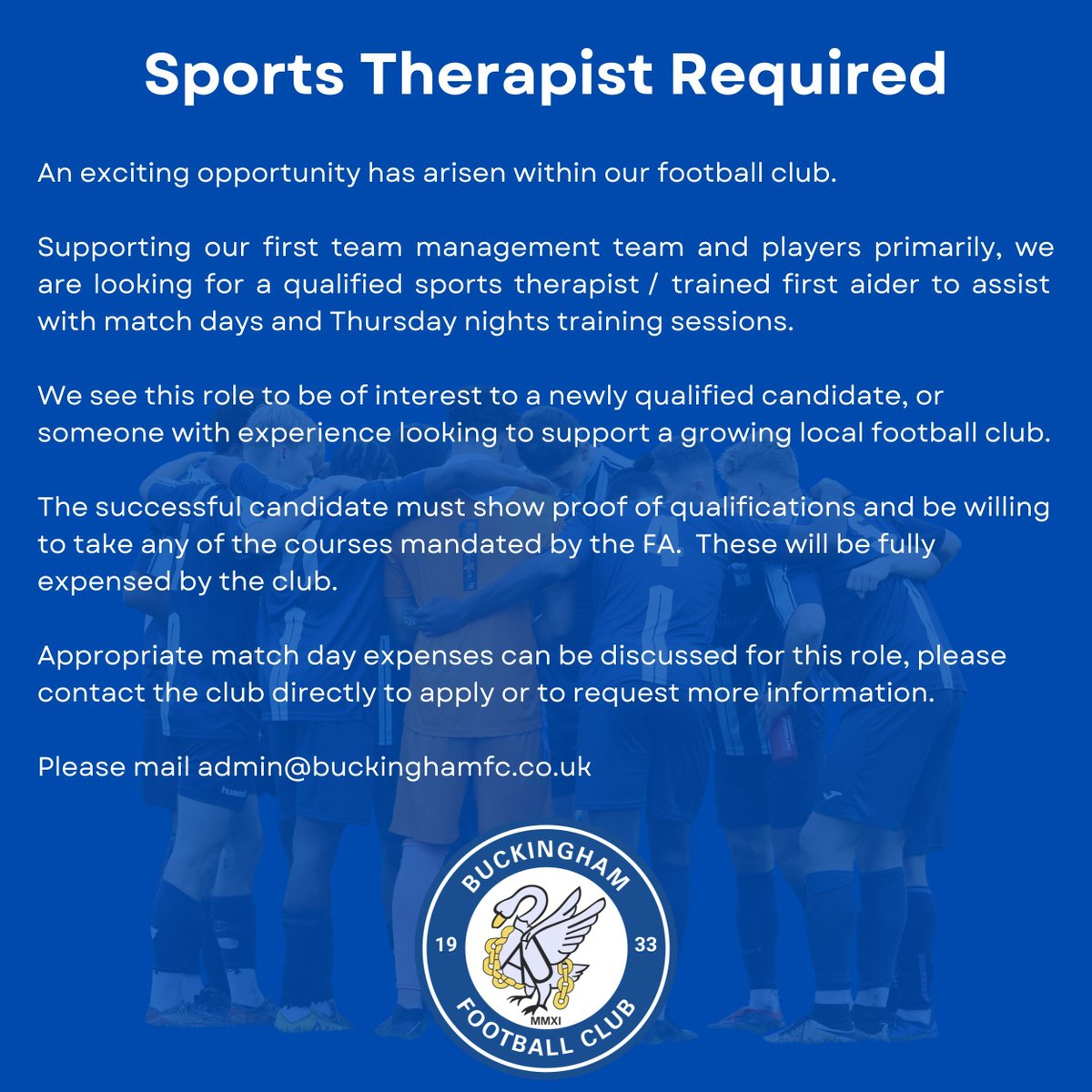 We are looking to hit the ground running for the 2025/2026 season and the first role we want to fill is one of a Sports Therapist for our First Team.  

Supporting our first team management team and players primarily, we are looking for a qualified sports therapist / trained