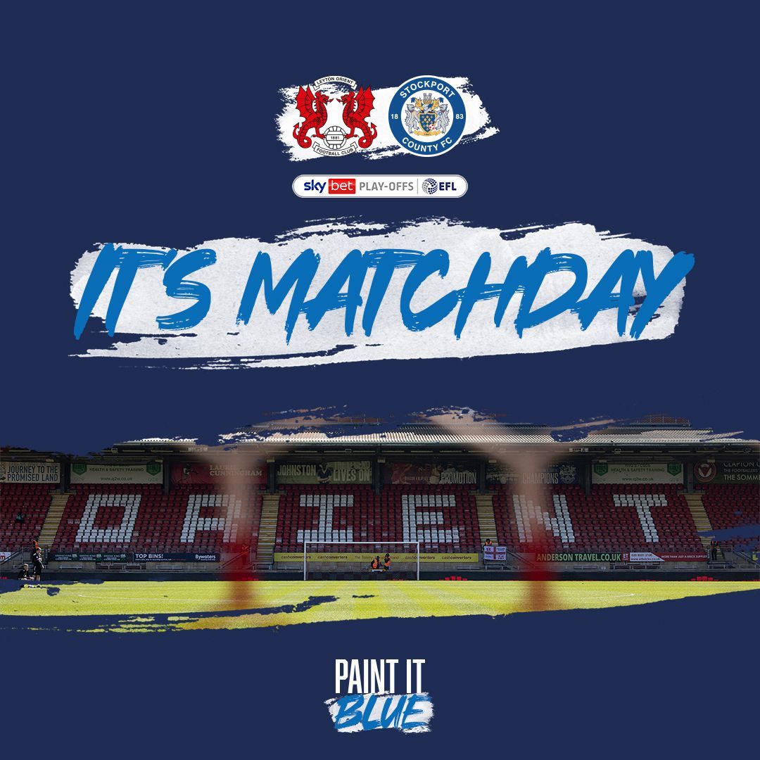 StockportCounty's tweet photo. IT'S MATCHDAY! 🔵⚪

Our play-off campaign gets underway this afternoon, as we take on Leyton Orient in the first leg at Brisbane Road 👊 

Heading down to London or watching from home? Send us your best pictures from the day, and remember to #PaintItBlue!

#StockportCounty https://t.co/Twbvaaj88e