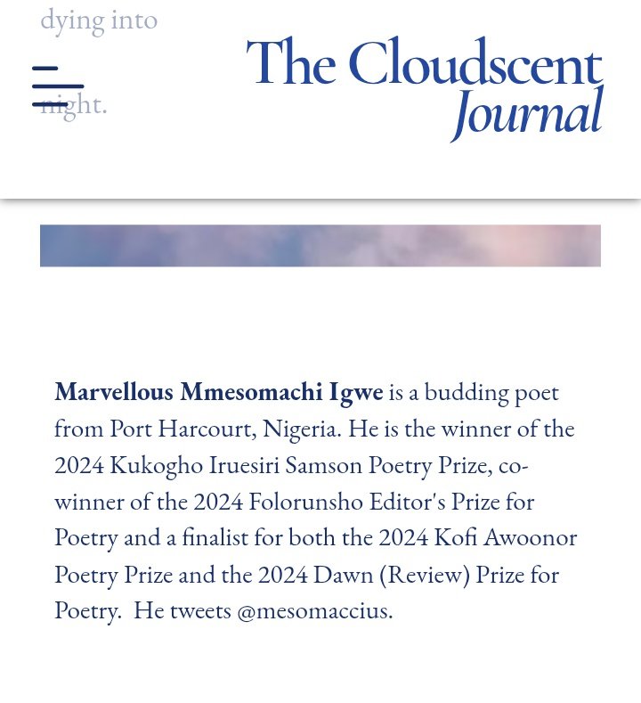 Marvellous M Igwe (@mesomaccius) on Twitter photo Hello everyone, good morning. I am excited to present my poems up at <a href="/thecloudscent/">The Cloudscent Journal</a>. Grateful to the editor for giving a home to these beauties. Do have a read. Thank you โค๏ธ
cloudscentjournal.com/issue-5/marvelโฆ Hello everyone, good morning. I am excited to present my poems up at <a href="/thecloudscent/">The Cloudscent Journal</a>. Grateful to the editor for giving a home to these beauties. Do have a read. Thank you โค๏ธ
cloudscentjournal.com/issue-5/marvelโฆ