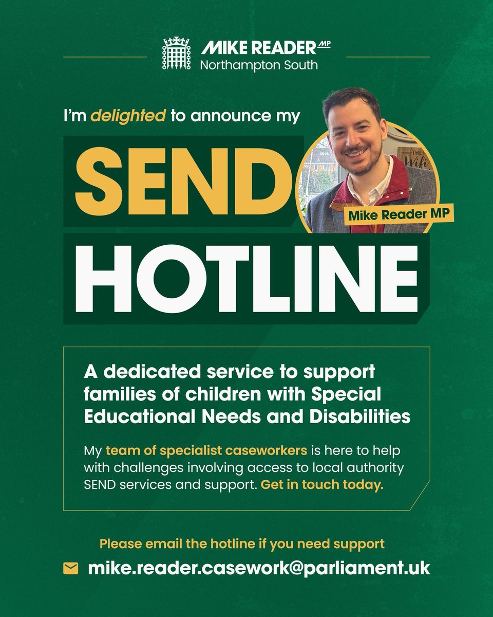 Navigating SEND services can be tough — you're not alone.

My new SEND Hotline is now open for families in Northampton South.

My team is here to support you with advice, advocacy &amp; action.

Get in touch today. 

#SEND #Northampton <a href="/W_NorthantsSEND/">West Northants SEND Action Group</a> <a href="/N_CTrust/">Northamptonshire Children's Trust</a>