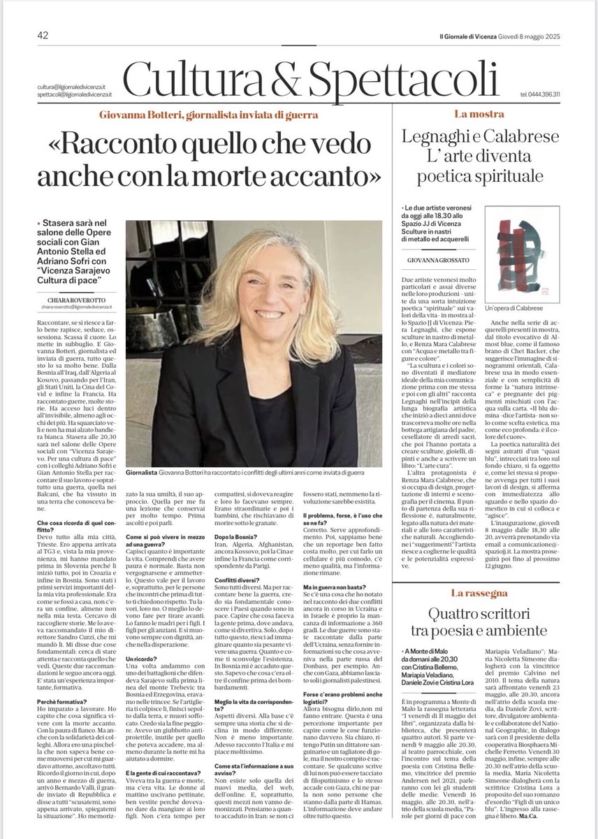 ⁦<a href="/GiornaleVicenza/">Il Giornale di Vicenza</a>⁩ Giovanna Botteri giornalista ed inviata di guerra racconta il conflitto in Bosnia e parla dell’informazione oggi .