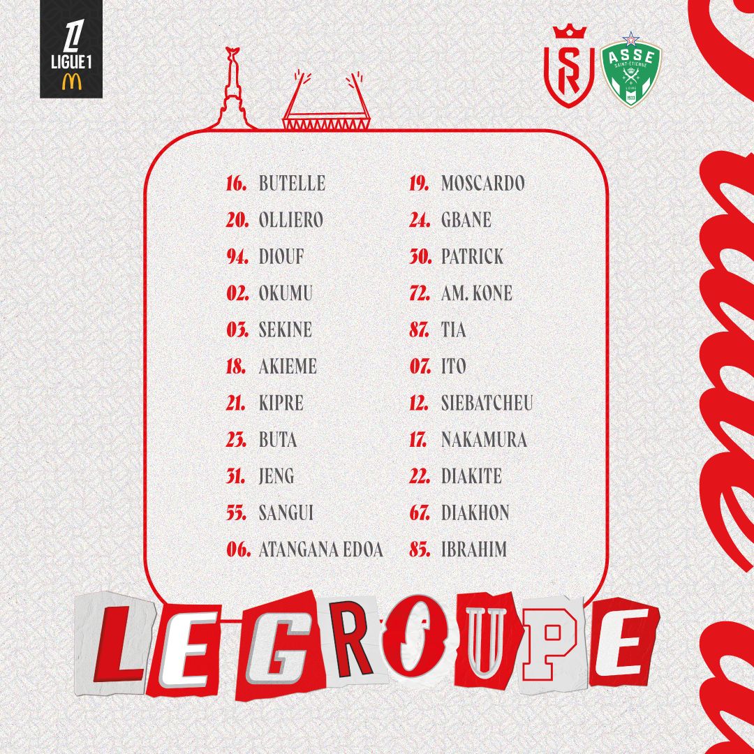 StadeDeReims's tweet photo. 👥 Le groupe convoqué par Samba Diawara pour défier l'𝗔𝗦 𝗦𝗮𝗶𝗻𝘁-𝗘́𝘁𝗶𝗲𝗻𝗻𝗲 ce soir à 𝘋𝘦𝘭𝘢𝘶𝘯𝘦 ! 🏟️🔥
#SDRASSE #GoSDR https://t.co/7MUVTuQoqr