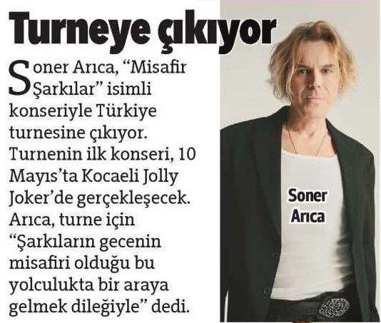 Soner Arıca <a href="/SonerArica/">Soner Arıca</a> Türkiye turnesine çıkıyor. İlk konser bu akşam Kocaeli Jolly Joker’de.. 
#hürriyet #kelebek