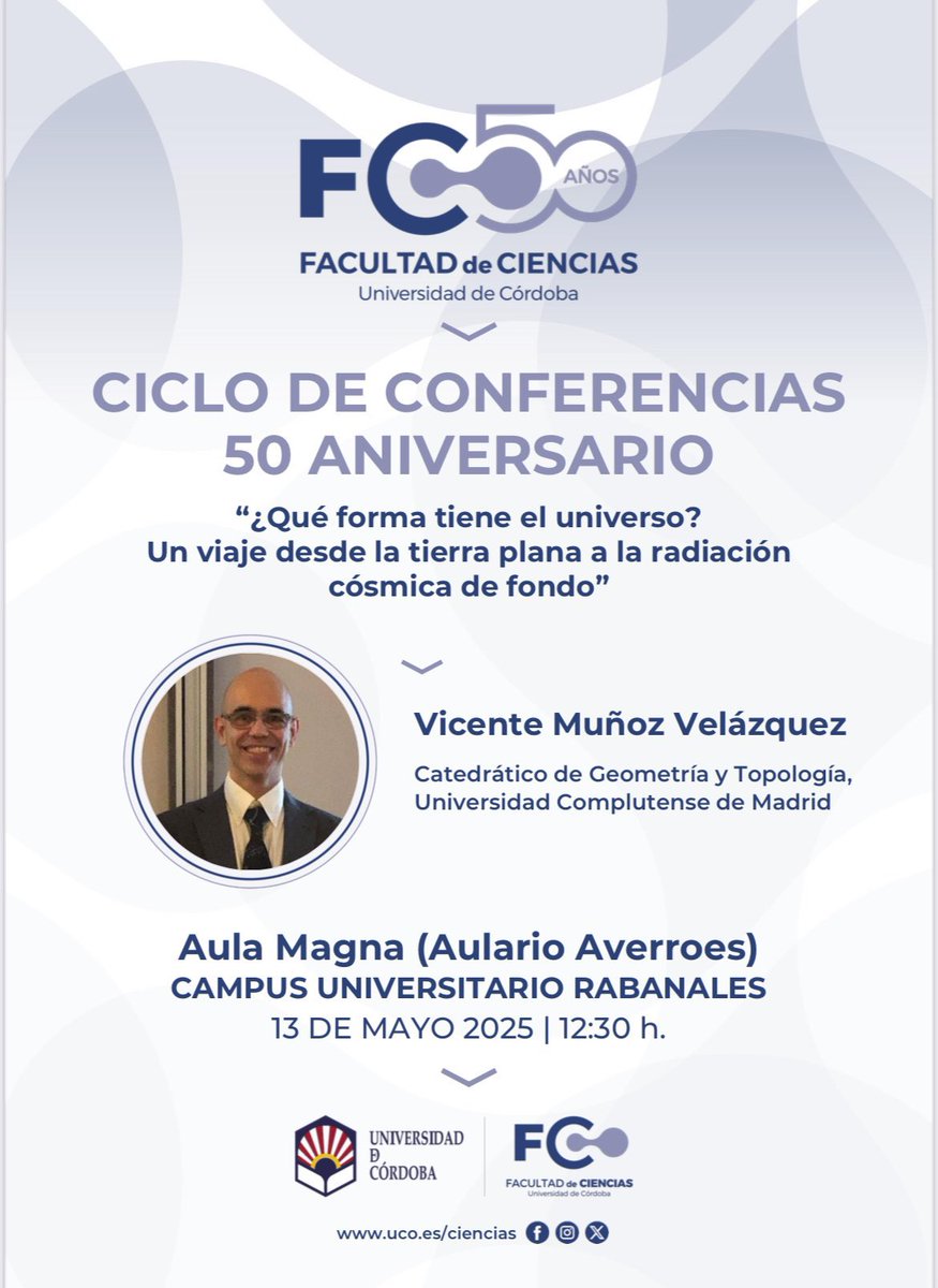 Facultad de Ciencias - UCO (@fac_cienciasuco) on Twitter photo 🗣️¿Qué forma tiene el universo?
Vicente Muñoz Velázquez <a href="/unicomplutense/">Complutense</a> nos guía en “un viaje desde la tierra plana hasta la radiación cósmica de fondo”.
Topología, geometría y la historia de “Planito” para entender la forma del cosmos.
13 mayo | 12:30 h | Aula Magna (Rabanales) 🗣️¿Qué forma tiene el universo?
Vicente Muñoz Velázquez <a href="/unicomplutense/">Complutense</a> nos guía en “un viaje desde la tierra plana hasta la radiación cósmica de fondo”.
Topología, geometría y la historia de “Planito” para entender la forma del cosmos.
13 mayo | 12:30 h | Aula Magna (Rabanales)