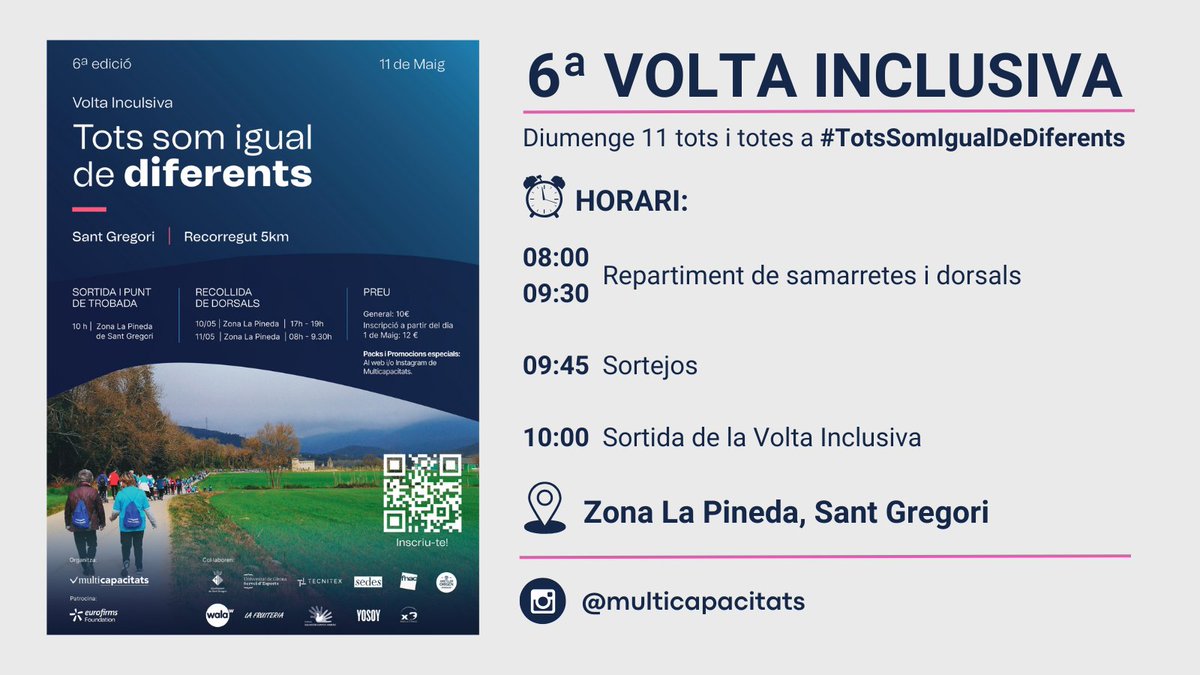 Demà diumenge Aquest diumenge 11 tots i totes a la 6ª Volta Inclusiva #TotsSomIgualDeDiferents
⏰ Programa:
🎽 8h a 9:30 Lliurament de samarretes i dorsals 🎽
🎁 9:45 Sortejos 
🚩 10:00 Sortida de la Volta Inclusiva 
📍Lloc: Zona La Pineda, #SantGregori