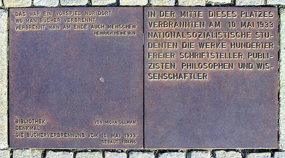 On this day in 1933, National Socialist students and Hitler Youth parties organised a ritual book burning on Berlin’s Bebelplatz.

Among the authors whose works were destroyed were Heinrich and Thomas Mann, Erich Kästner, Stefan Zweig, Heinrich Heine, Karl Marx and Kurt