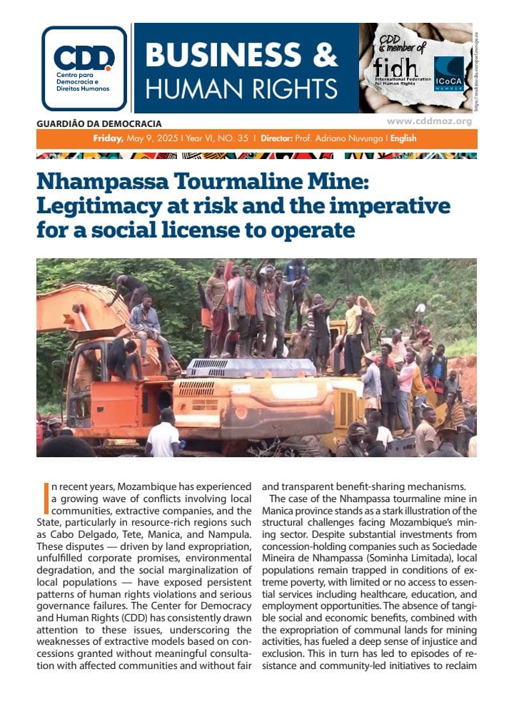 CDD - Centro para Democracia e Direitos Humanos (@cdd_moz) on Twitter photo Nhampassa Tourmaline Mine: Legitimacy at risk and the imperative for a social license to operate
In recent years, Mozambique has experienced a growing wave of conflicts involving local communities
Here is the full publication: cddmoz.org/wp-content/upl…
<a href="/adriano_nuvunga/">Prof. Adriano Nuvunga</a> Nhampassa Tourmaline Mine: Legitimacy at risk and the imperative for a social license to operate
In recent years, Mozambique has experienced a growing wave of conflicts involving local communities
Here is the full publication: cddmoz.org/wp-content/upl…
<a href="/adriano_nuvunga/">Prof. Adriano Nuvunga</a>
